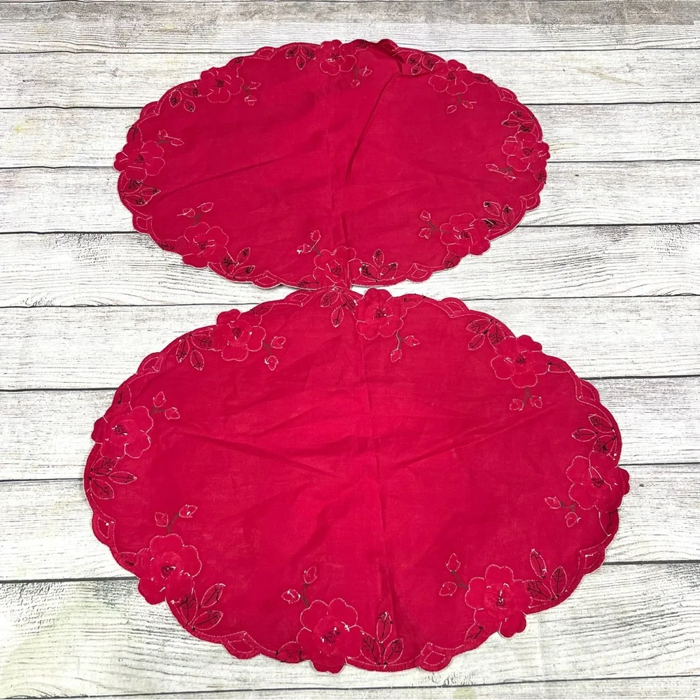 Vintage Placemats Green Blue Red Embroidered Linen Fabric Floral Lot of 6 Boho
